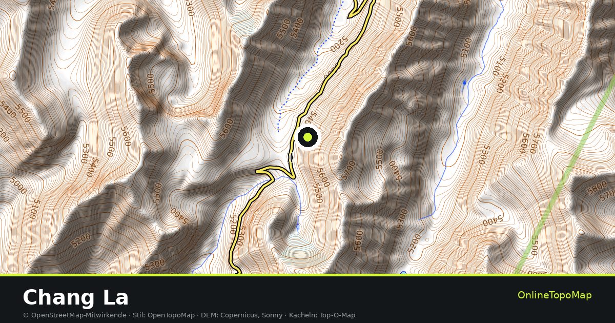Topographische Karte von Chang La mit Höhenlinien und Geländeschattierung