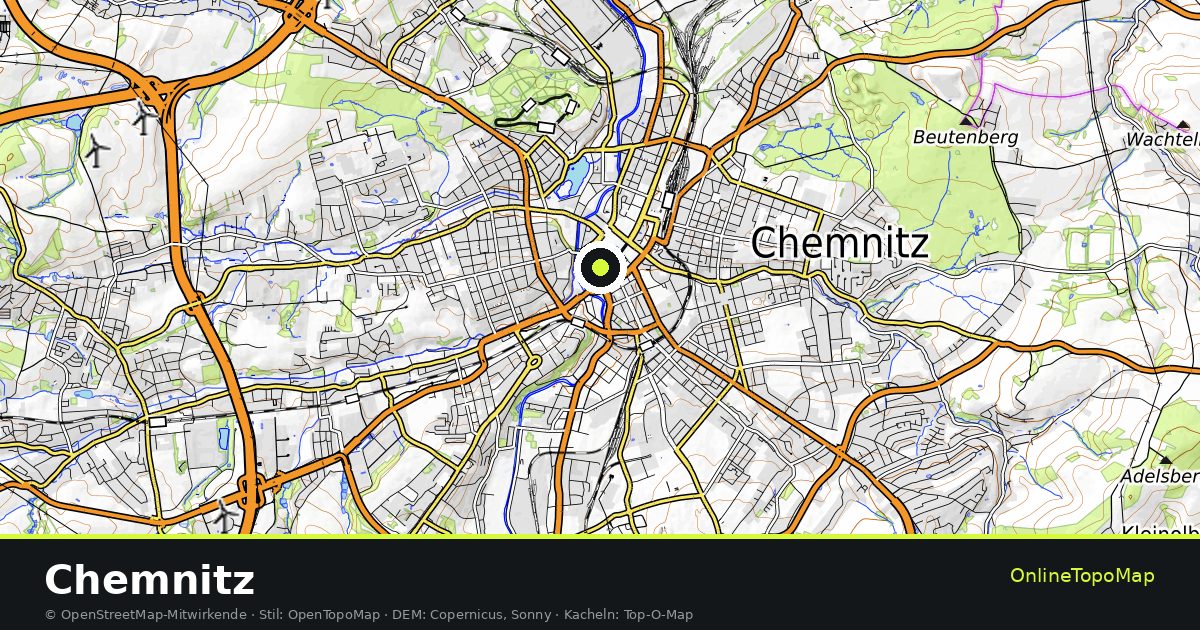 Topographische Karte von Chemnitz mit Höhenlinien und Geländeschattierung