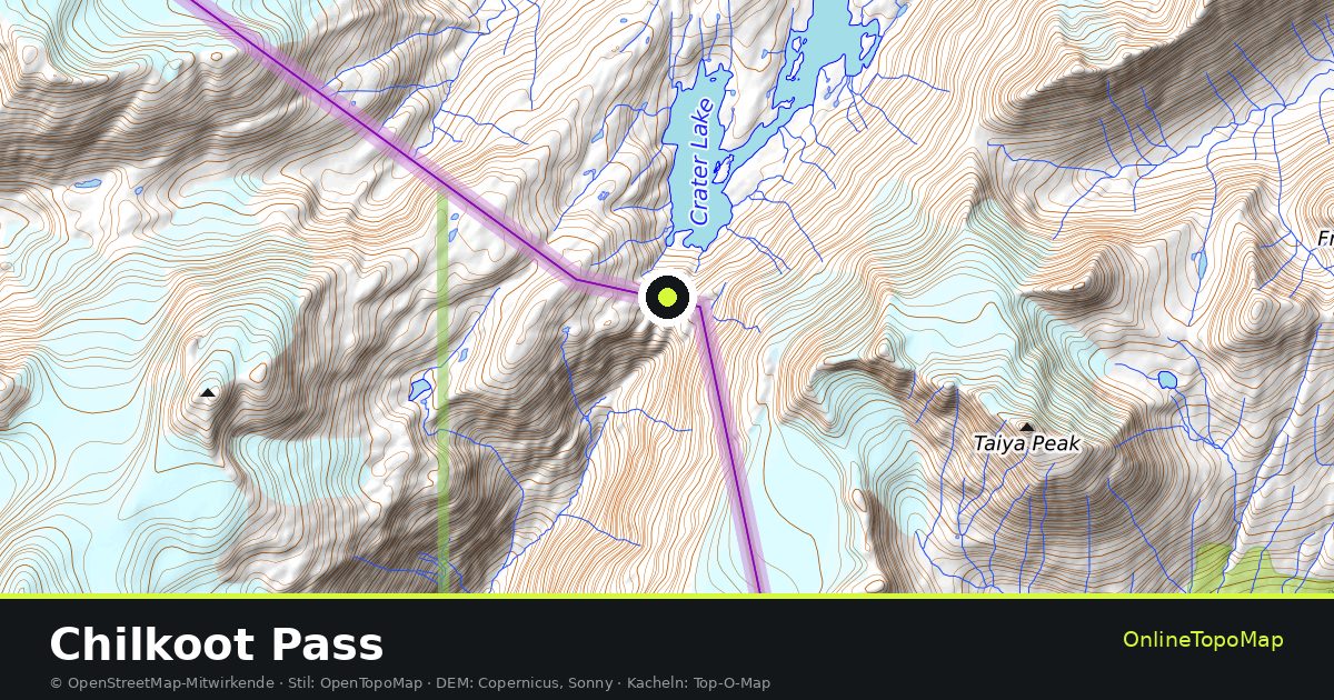 Topographische Karte von Chilkoot Pass mit Höhenlinien und Geländeschattierung