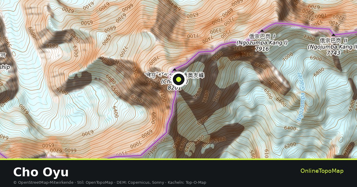 Topographische Karte von Cho Oyu mit Höhenlinien und Geländeschattierung