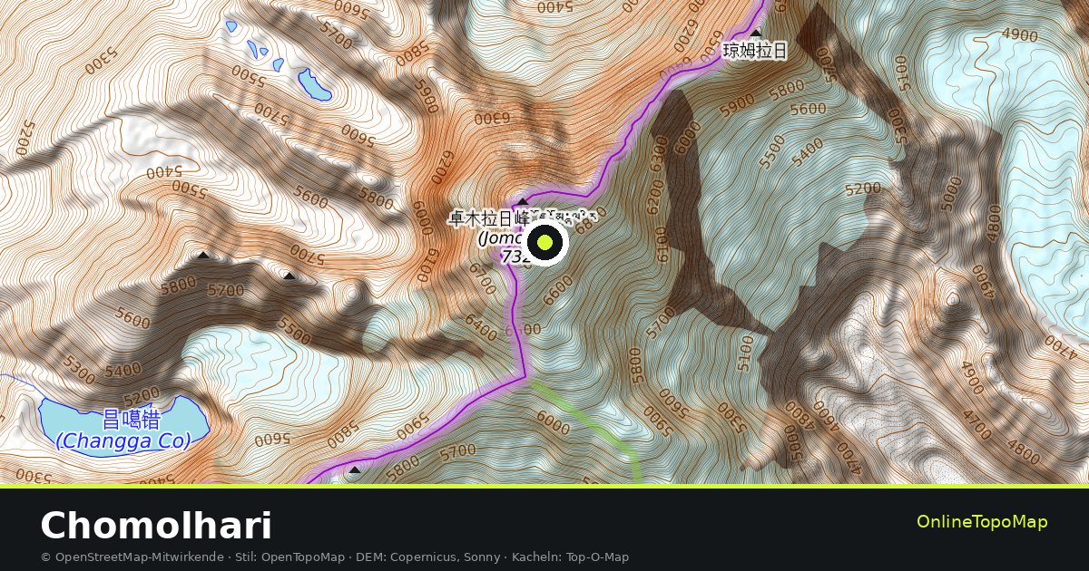 Topographische Karte von Chomolhari mit Höhenlinien und Geländeschattierung