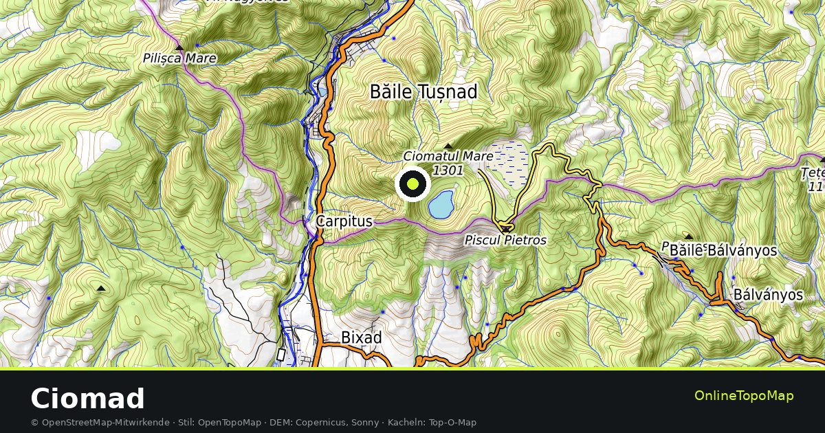 Topographische Karte von Ciomad mit Höhenlinien und Geländeschattierung