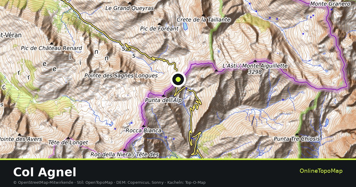 Topographische Karte von Col Agnel mit Höhenlinien und Geländeschattierung