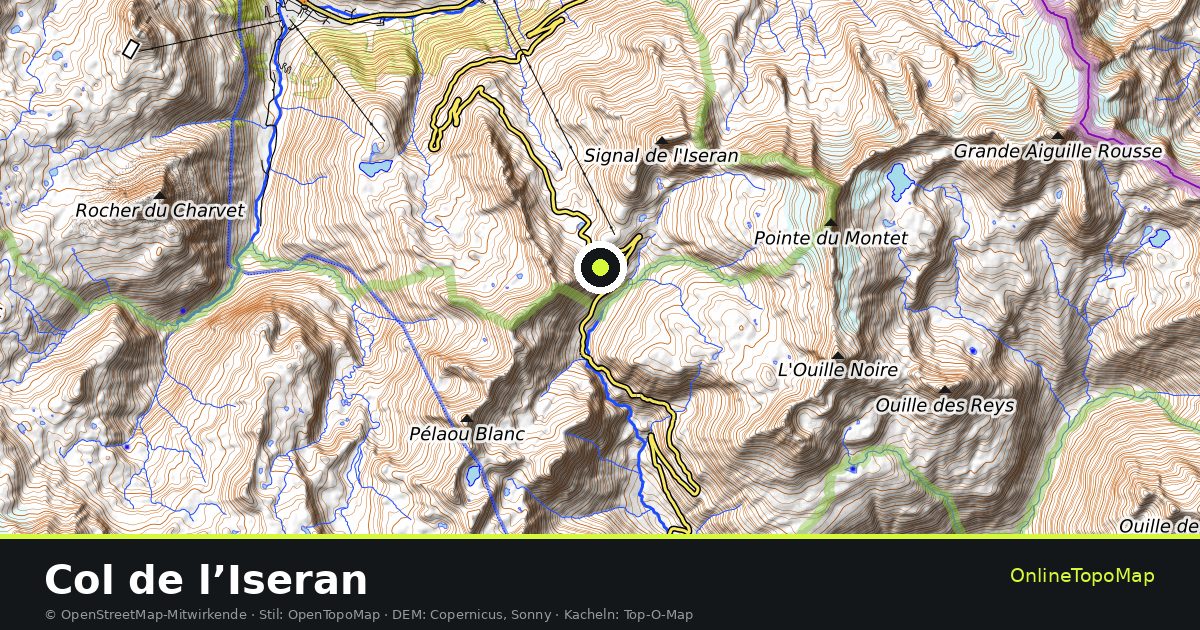Topographische Karte von Col de l’Iseran mit Höhenlinien und Geländeschattierung