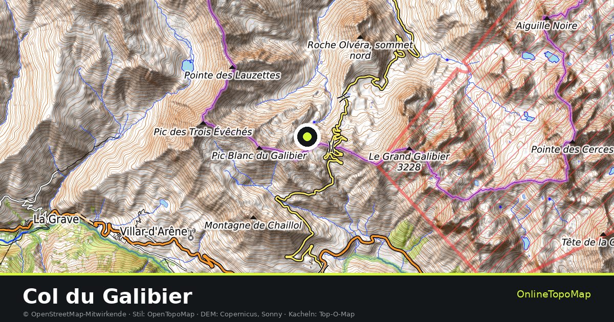 Topographische Karte von Col du Galibier mit Höhenlinien und Geländeschattierung