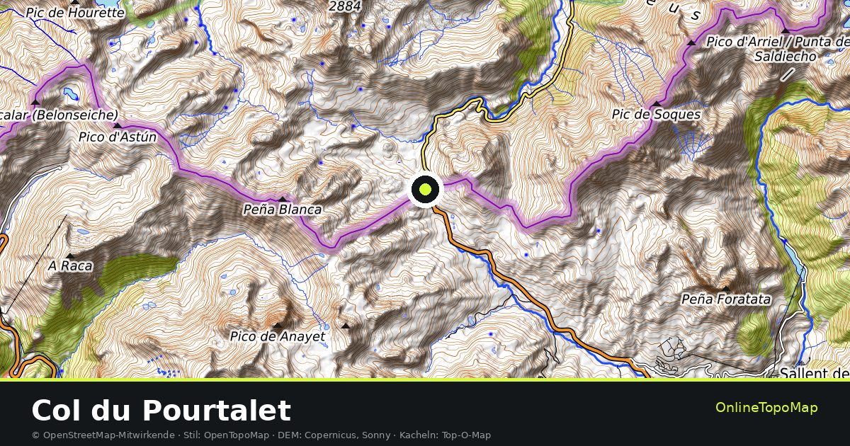 Topographische Karte von Col du Pourtalet mit Höhenlinien und Geländeschattierung