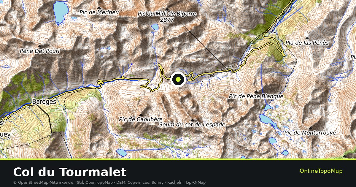 Topographische Karte von Col du Tourmalet mit Höhenlinien und Geländeschattierung