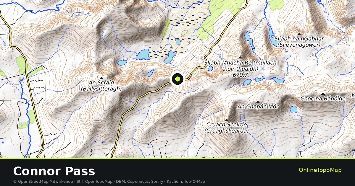 Topographische Karte von Connor Pass mit Höhenlinien und Geländeschattierung