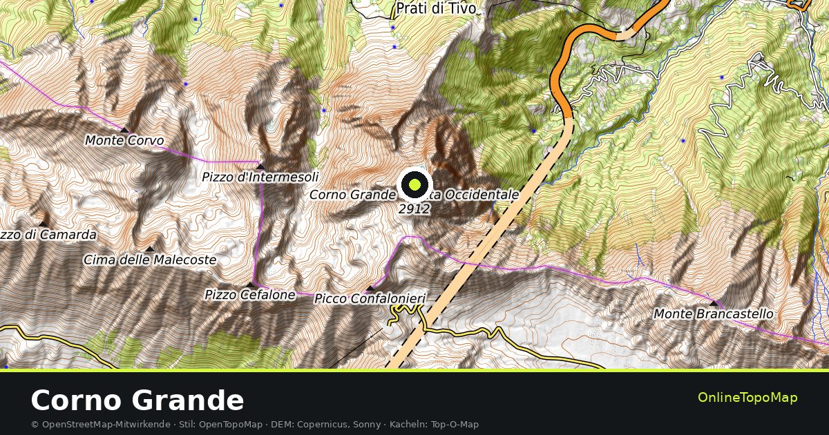 Topographische Karte von Corno Grande mit Höhenlinien und Geländeschattierung