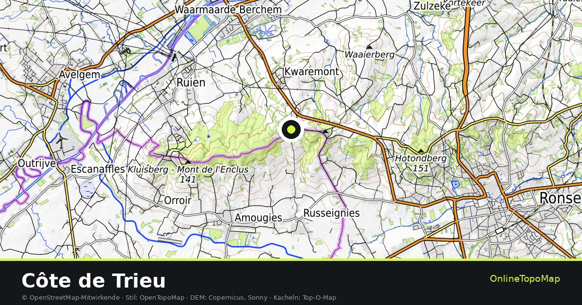 Topographische Karte von Côte de Trieu mit Höhenlinien und Geländeschattierung