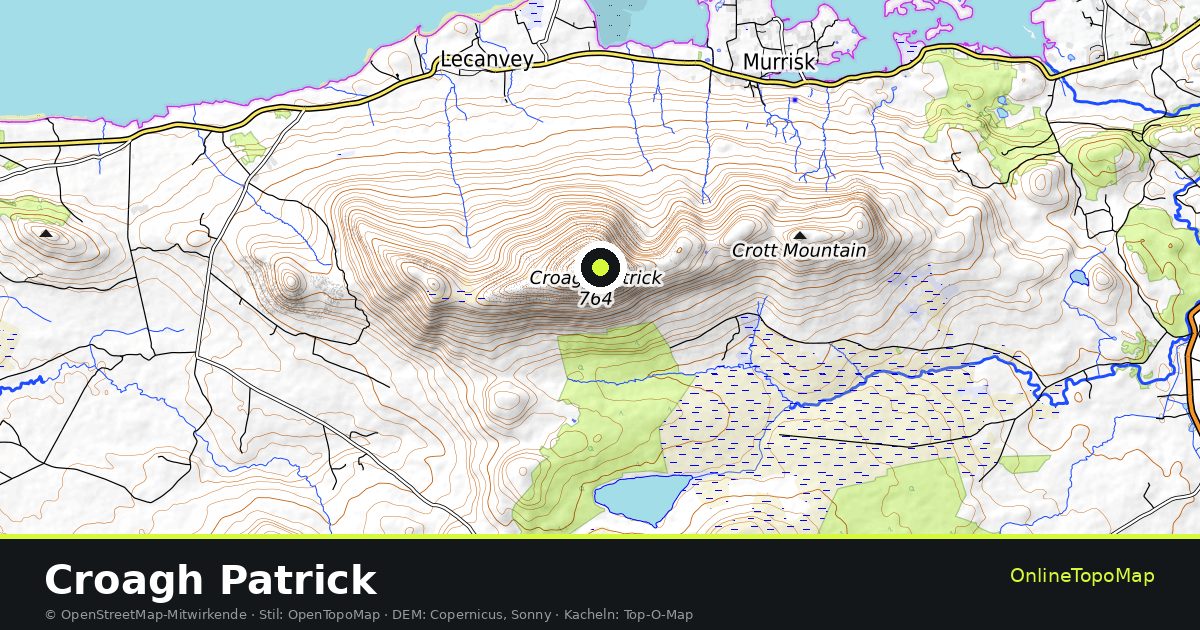 Topographische Karte von Croagh Patrick mit Höhenlinien und Geländeschattierung