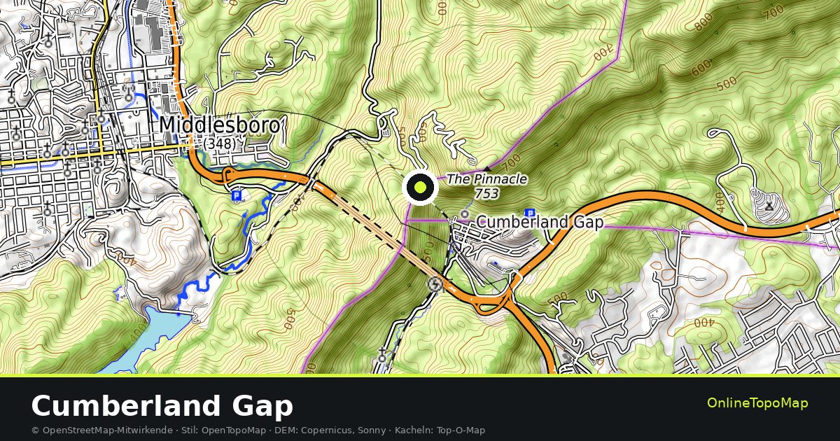 Topographische Karte von Cumberland Gap mit Höhenlinien und Geländeschattierung