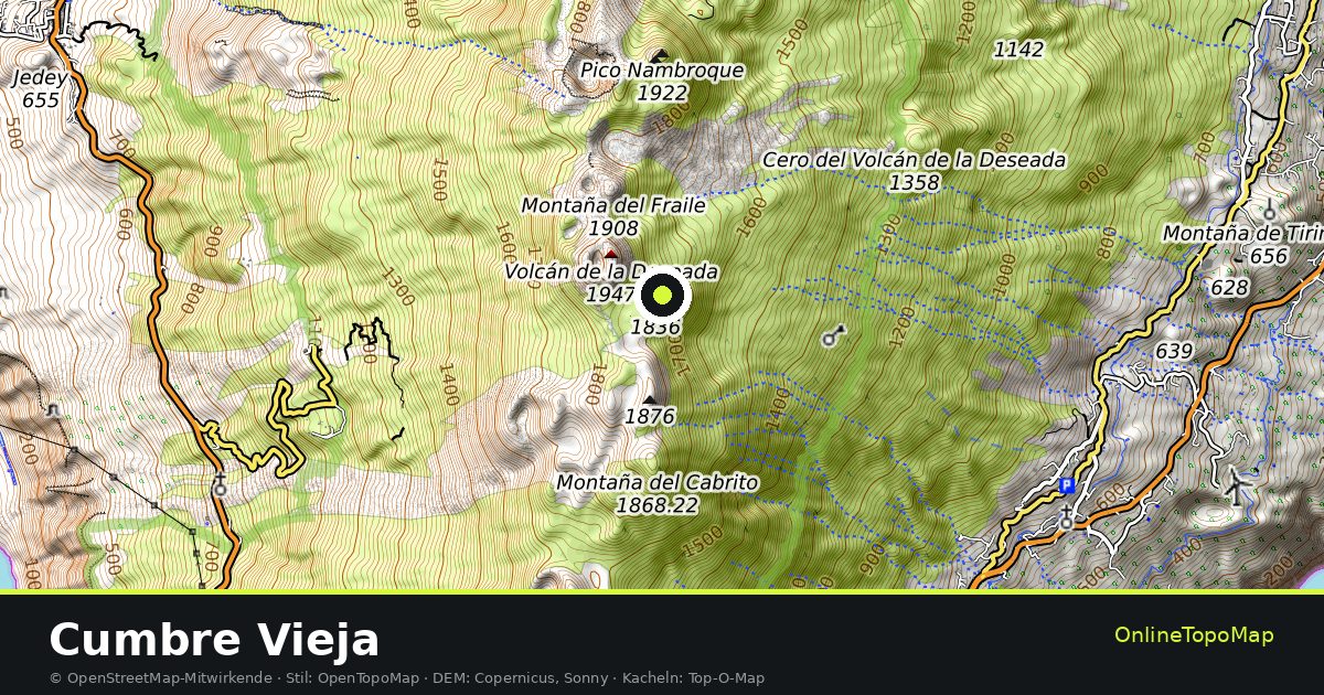 Topographische Karte von Cumbre Vieja mit Höhenlinien und Geländeschattierung