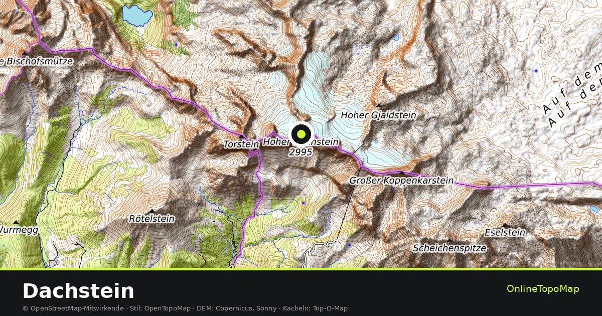 Topographische Karte von Dachstein mit Höhenlinien und Geländeschattierung