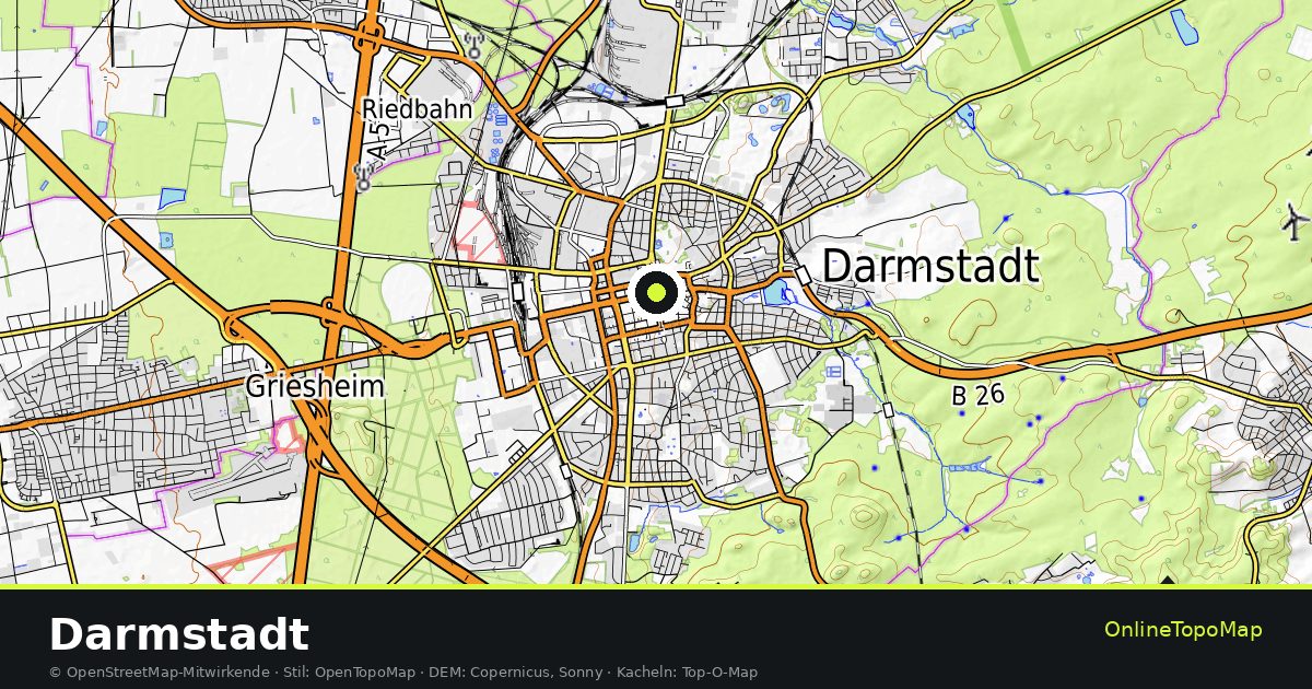 Topographische Karte von Darmstadt mit Höhenlinien und Geländeschattierung