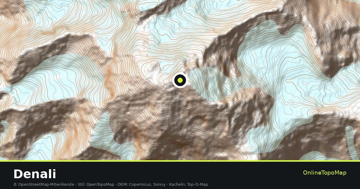 Topographische Karte von Denali mit Höhenlinien und Geländeschattierung