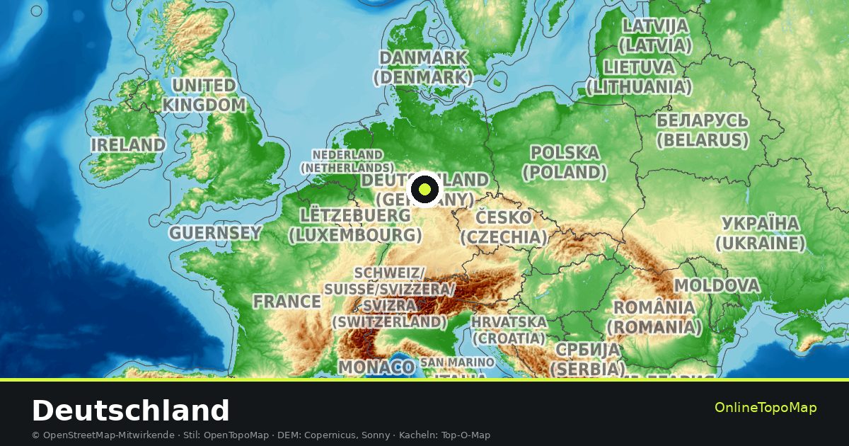 Topographische Karte von Deutschland mit Höhenlinien und Geländeschattierung