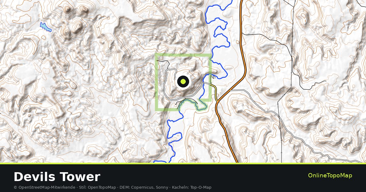 Topographische Karte von Devils Tower mit Höhenlinien und Geländeschattierung