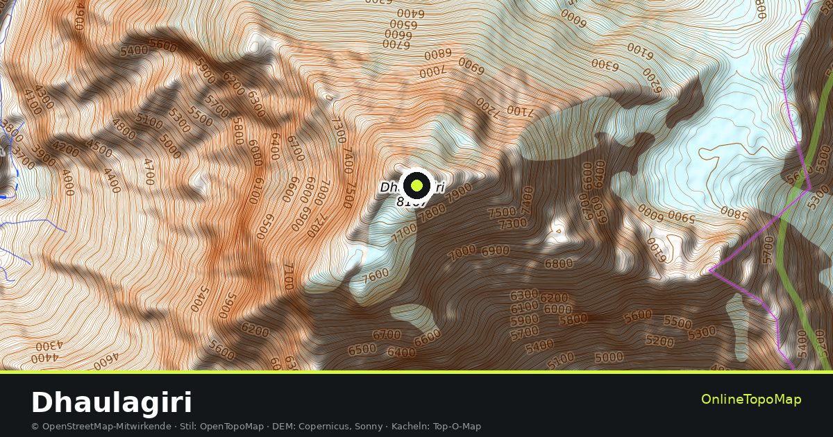Topographische Karte von Dhaulagiri mit Höhenlinien und Geländeschattierung