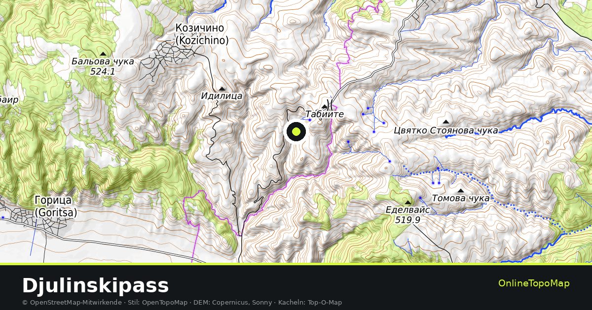 Topographische Karte von Djulinskipass mit Höhenlinien und Geländeschattierung