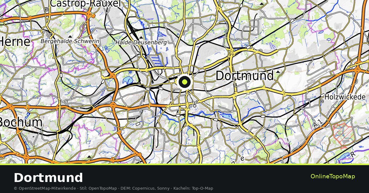 Topographische Karte von Dortmund mit Höhenlinien und Geländeschattierung