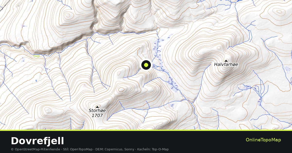 Topographische Karte von Dovrefjell mit Höhenlinien und Geländeschattierung