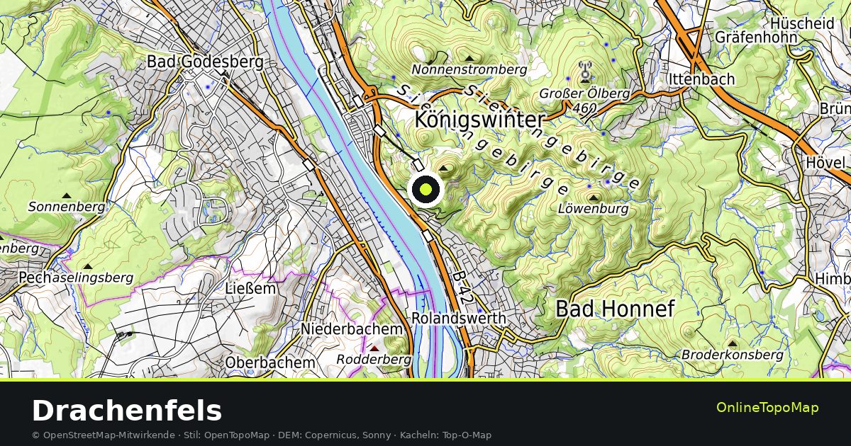 Topographische Karte von Drachenfels mit Höhenlinien und Geländeschattierung