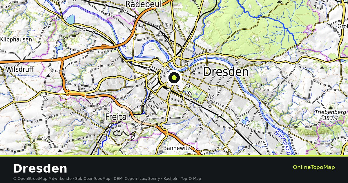 Topographische Karte von Dresden mit Höhenlinien und Geländeschattierung