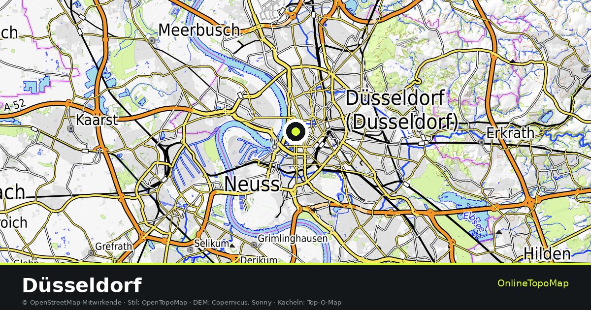 Topographische Karte von Düsseldorf mit Höhenlinien und Geländeschattierung