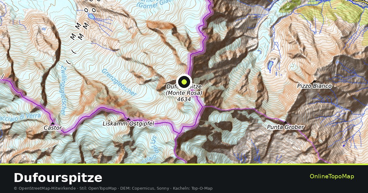 Topographische Karte von Dufourspitze mit Höhenlinien und Geländeschattierung