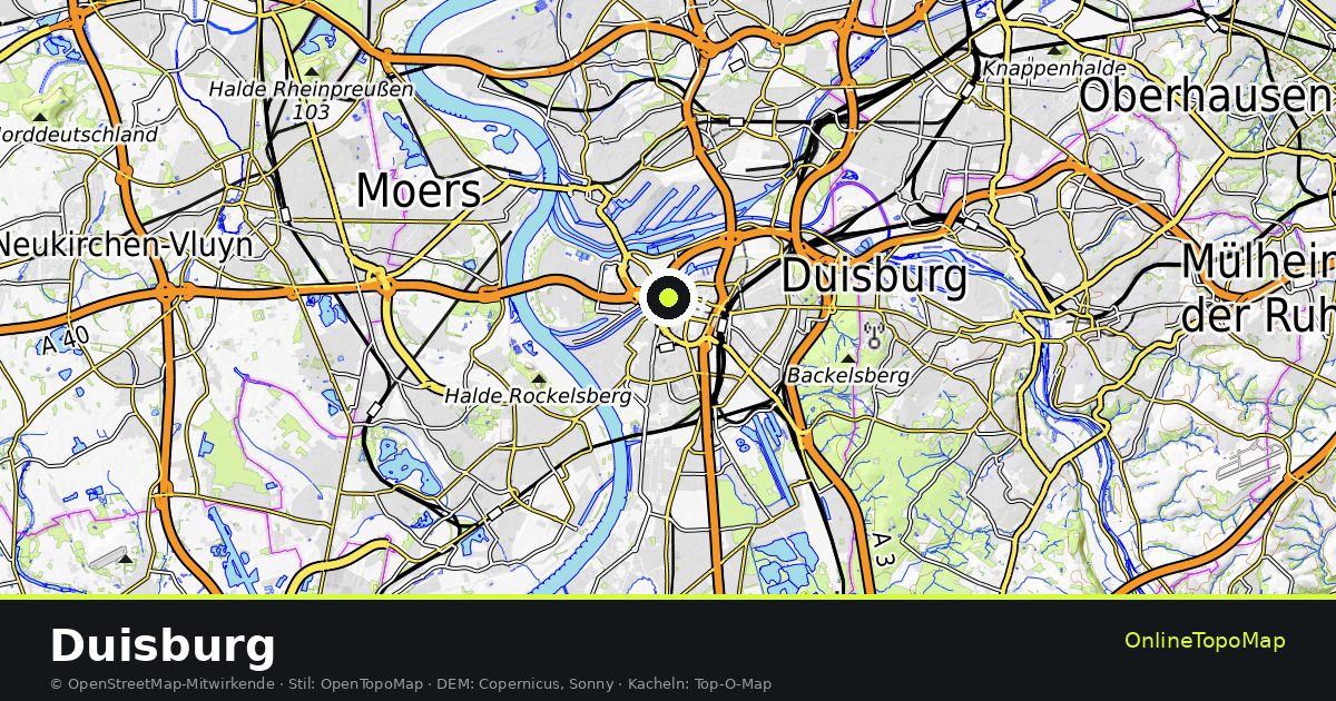 Topographische Karte von Duisburg mit Höhenlinien und Geländeschattierung