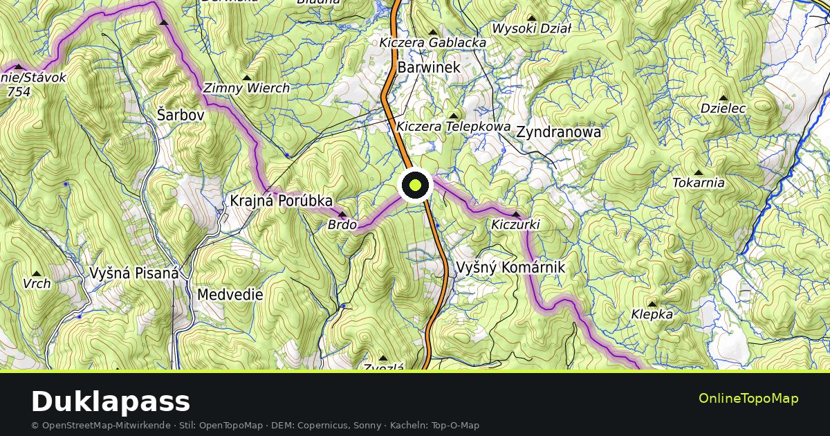 Topographische Karte von Duklapass mit Höhenlinien und Geländeschattierung