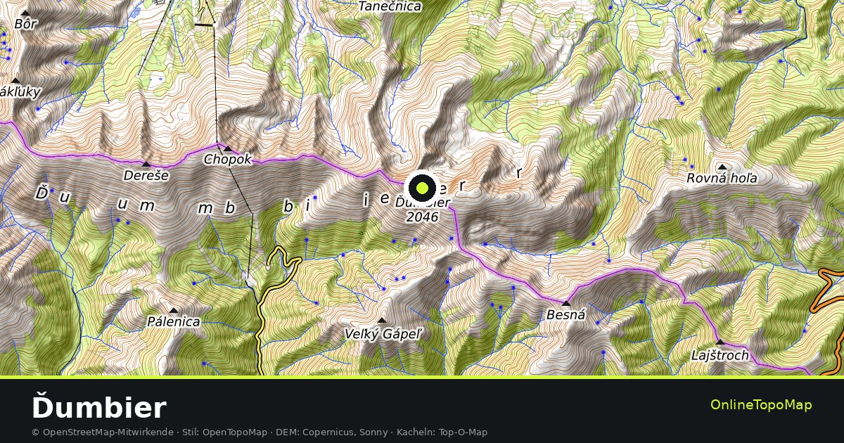 Topographische Karte von Ďumbier mit Höhenlinien und Geländeschattierung
