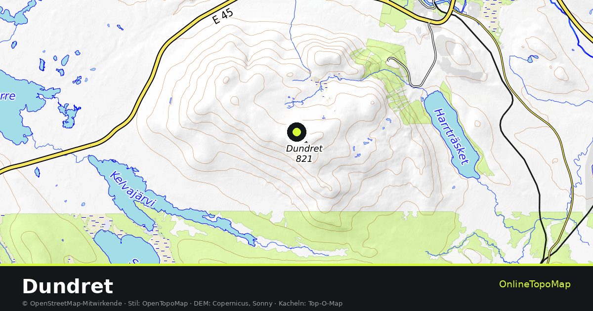Topographische Karte von Dundret mit Höhenlinien und Geländeschattierung