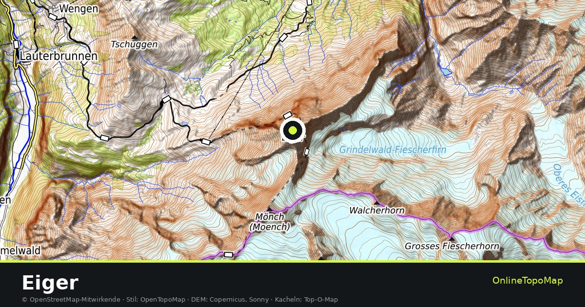 Topographische Karte von Eiger mit Höhenlinien und Geländeschattierung