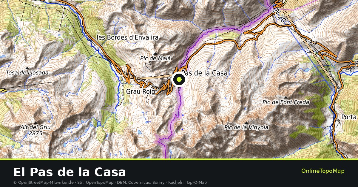 Topographische Karte von El Pas de la Casa mit Höhenlinien und Geländeschattierung