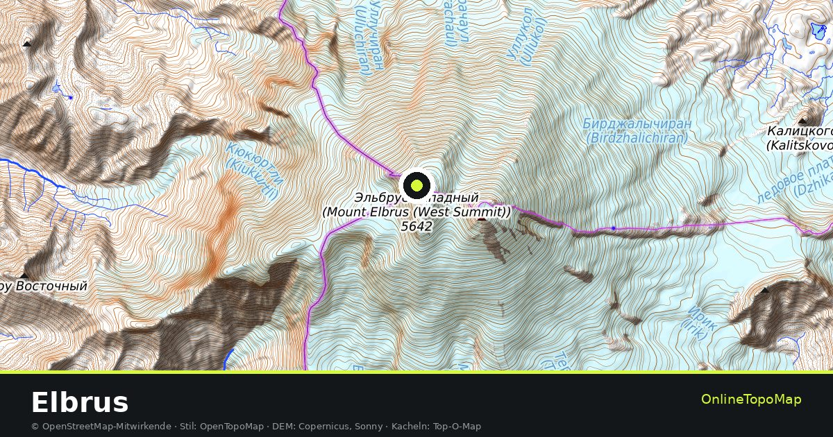 Topographische Karte von Elbrus mit Höhenlinien und Geländeschattierung