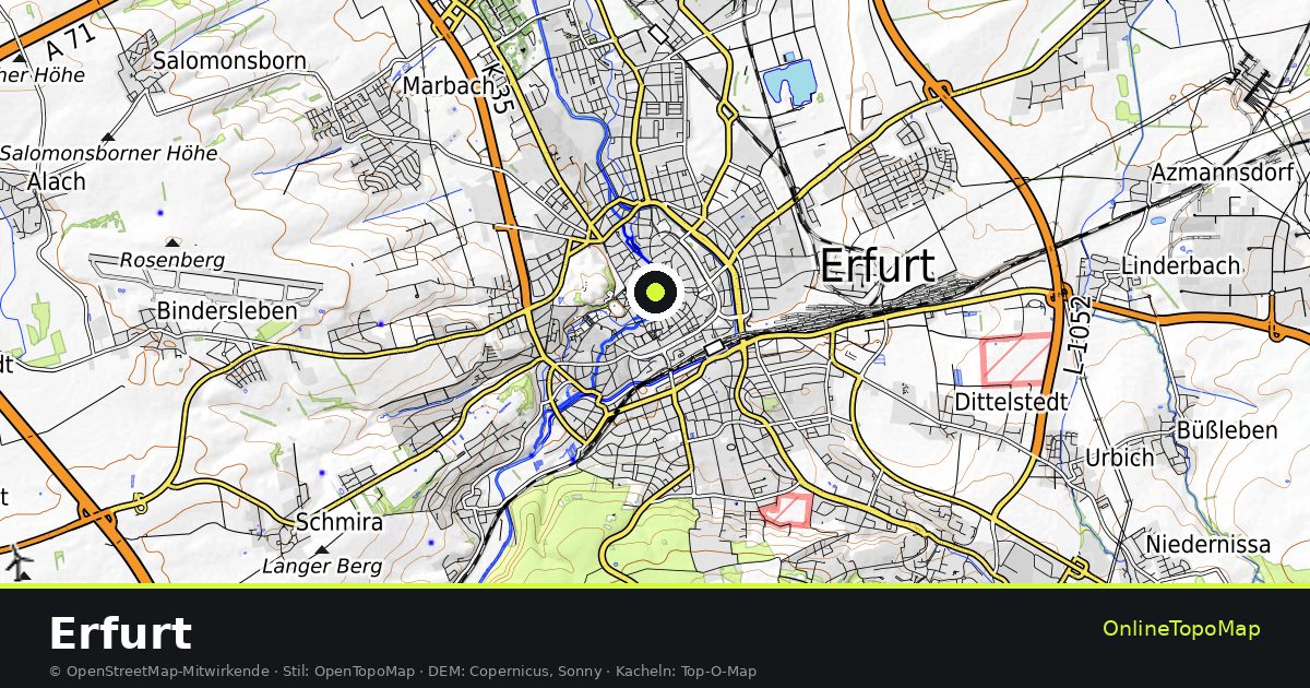 Topographische Karte von Erfurt mit Höhenlinien und Geländeschattierung