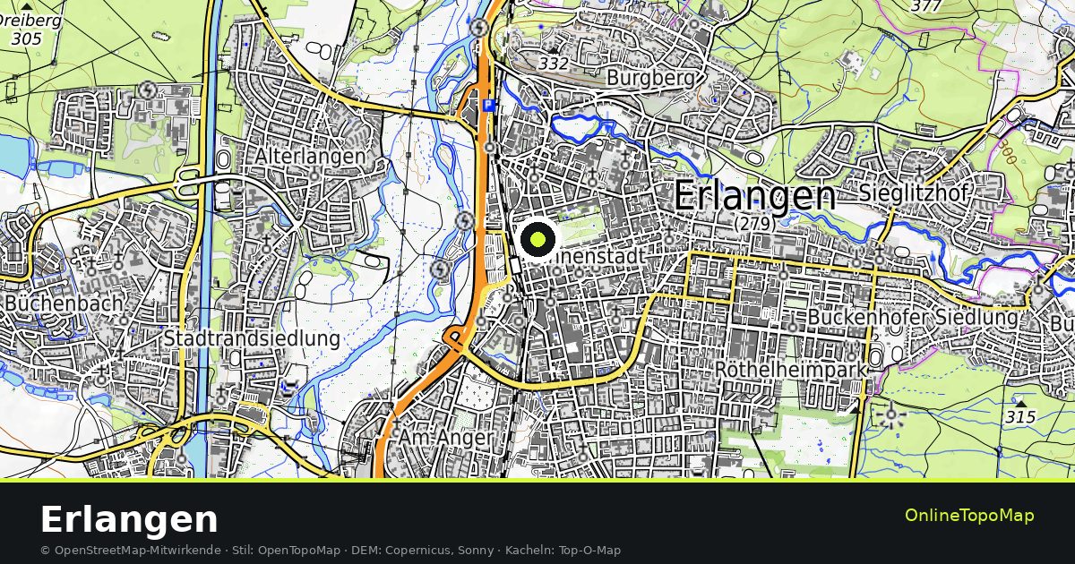 Topographische Karte von Erlangen mit Höhenlinien und Geländeschattierung