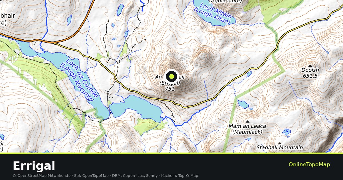 Topographische Karte von Errigal mit Höhenlinien und Geländeschattierung