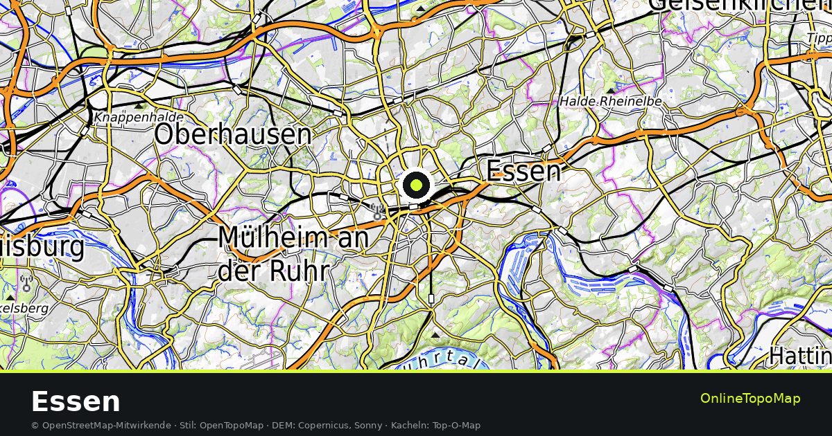 Topographische Karte von Essen mit Höhenlinien und Geländeschattierung