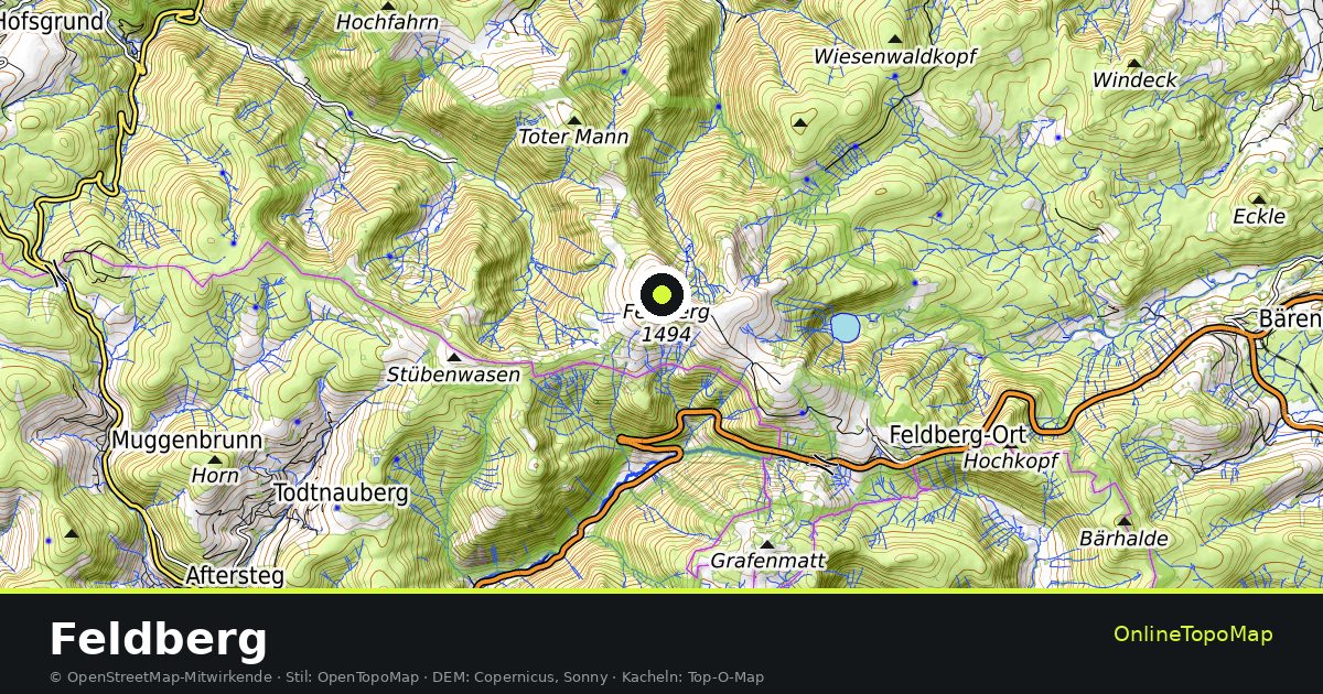 Topographische Karte von Feldberg mit Höhenlinien und Geländeschattierung