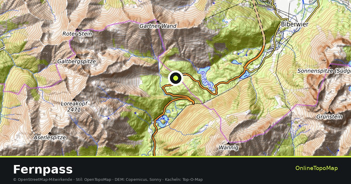Topographische Karte von Fernpass mit Höhenlinien und Geländeschattierung