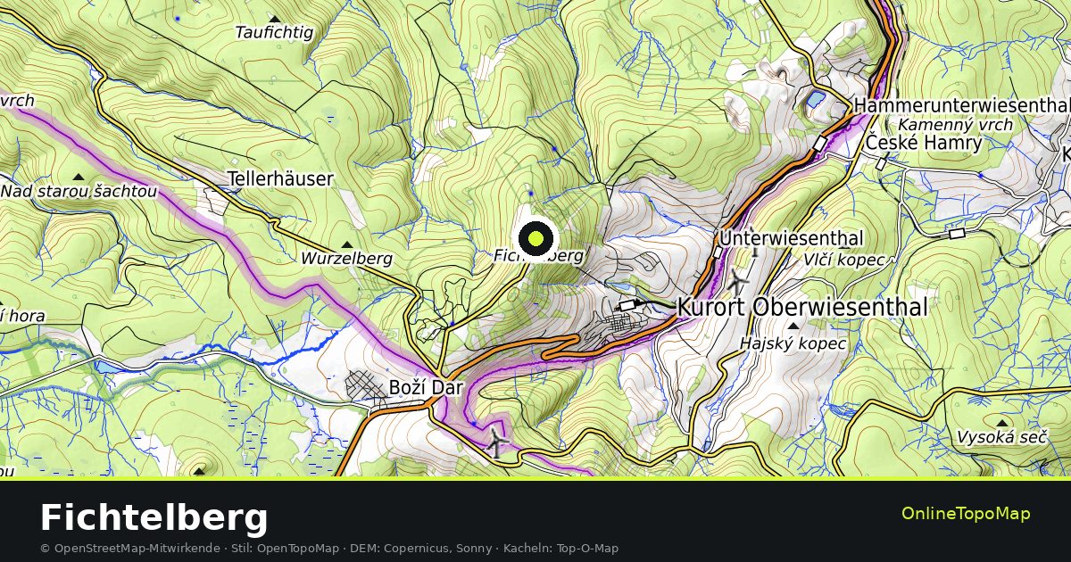 Topographische Karte von Fichtelberg mit Höhenlinien und Geländeschattierung