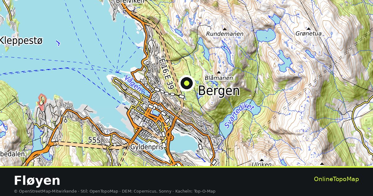 Topographische Karte von Fløyen mit Höhenlinien und Geländeschattierung