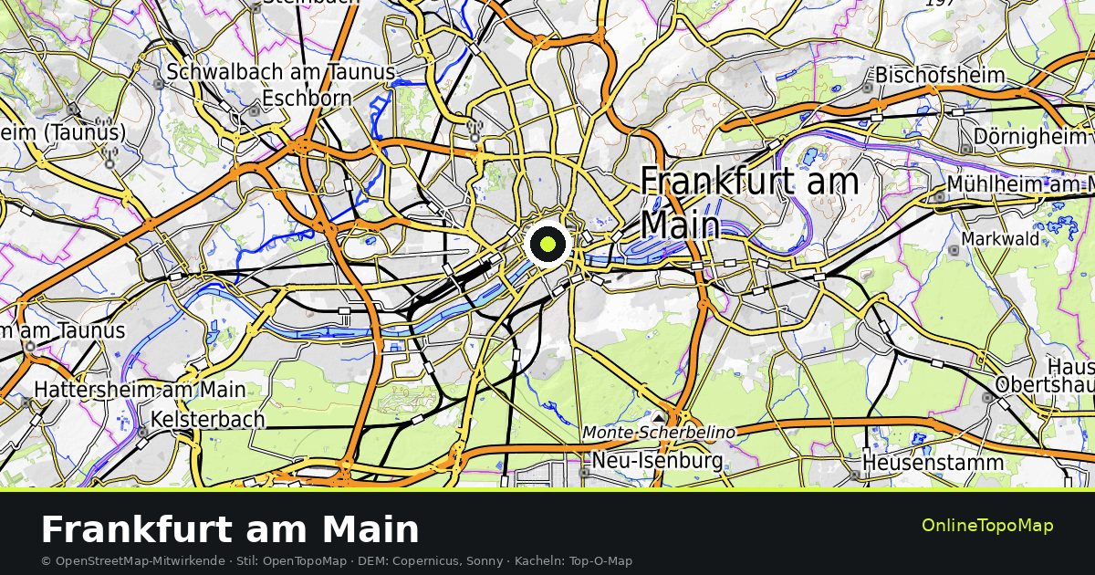 Topographische Karte von Frankfurt am Main mit Höhenlinien und Geländeschattierung