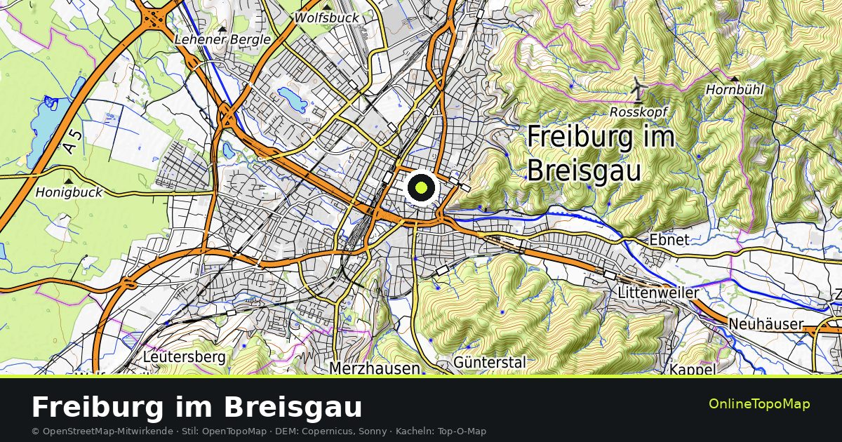 Topographische Karte von Freiburg im Breisgau mit Höhenlinien und Geländeschattierung
