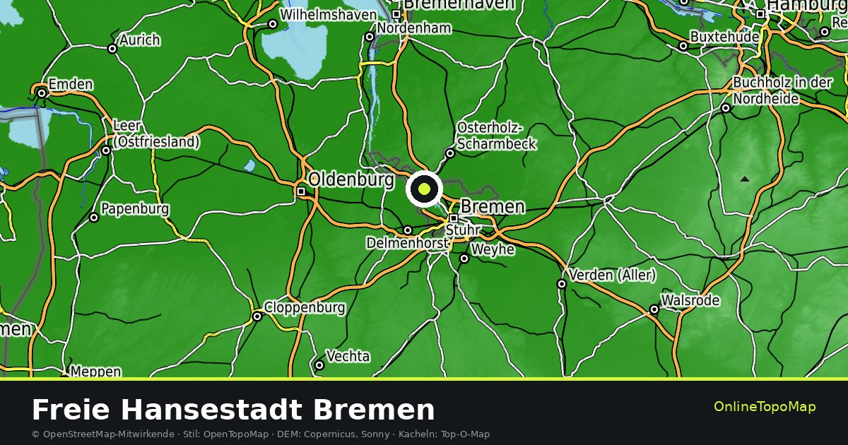Topographische Karte von Freie Hansestadt Bremen mit Höhenlinien und Geländeschattierung