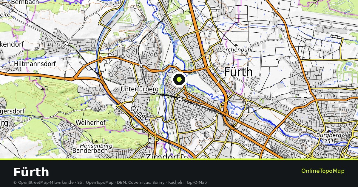 Topographische Karte von Fürth mit Höhenlinien und Geländeschattierung