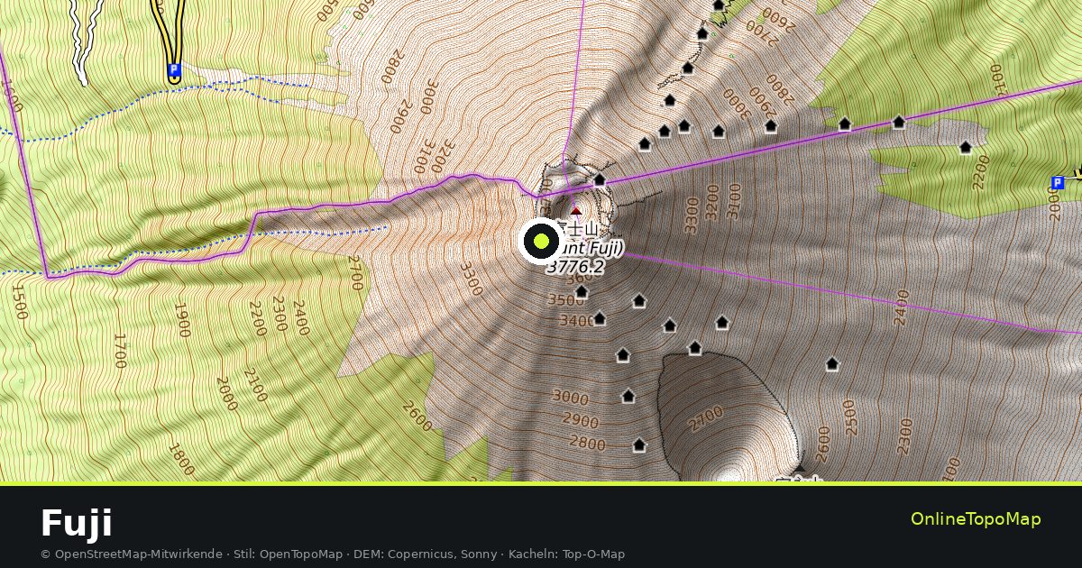 Topographische Karte von Fuji mit Höhenlinien und Geländeschattierung